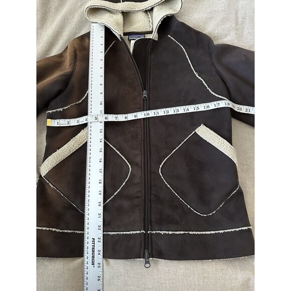 Patagonia Coat Small Faux Suede Sherpa Brown Vintage Retro Hooded Patch Pockets - Picture 3 of 6